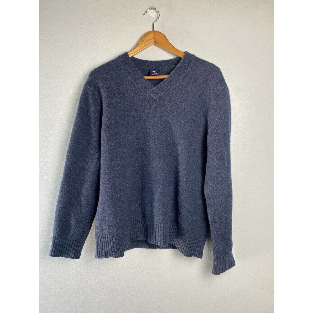 Gap Lambswool Angora Sweater V Neck Navy Blue Ribbed Knit Mens Medium